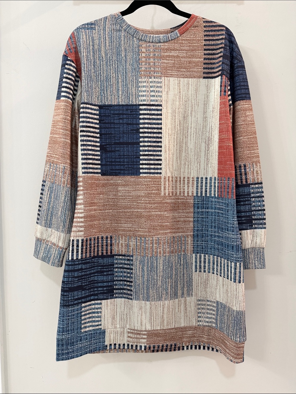 Abstract Patchwork Midi Dress in Blue, Cream & Rust